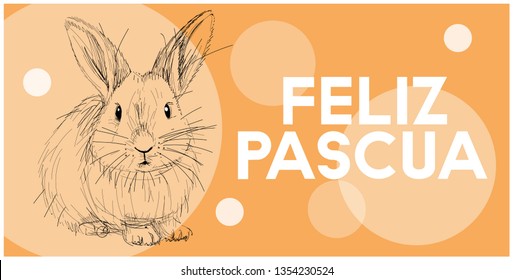 Vector realistic hand drawn bunny with lettering Feliz Pascua - Happy Easter, written in Spanisn, on yellow background. Flat vector illustration for cards, Easter design and decoration, posters, web.