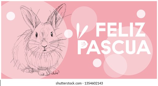 Vector realistic hand drawn bunny with lettering Feliz Pascua - Happy Easter, written in Spanisn, on pink background. Flat vector illustration for cards, Easter design and decoration, posters, web.