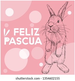 Vector realistic hand drawn bunny with lettering Feliz Pascua - Happy Easter, written in Spanisn, on pink background. Flat vector illustration for cards, posters, Easter design and decoration, web.