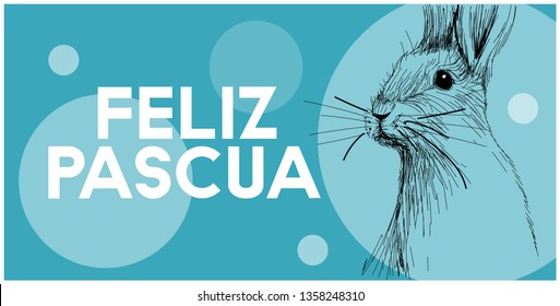 Vector realistic hand drawn bunny with lettering Feliz Pascua - Happy Easter, written in Spanish, on blue background. Flat vector illustration for cards, Easter design and decoration, posters, web. 