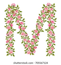 vector realistic hand drawn capital M letter made from rose flowers with leaves. Isolated illustration on a white background. Floral alphabet design object