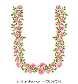 vector realistic hand drawn capital U letter made from rose flowers with leaves. Isolated illustration on a white background. Floral alphabet design object
