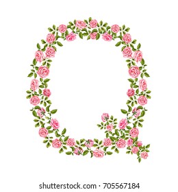vector realistic hand drawn capital Q letter made from rose flowers with leaves. Isolated illustration on a white background. Floral alphabet design object