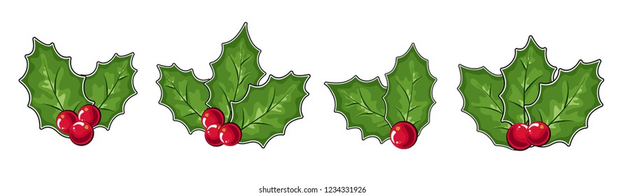 vector realistic hand drawn holly, ilex branch with berry and leaves, mistletoe set. Christmas, new year holiday celebration symbol. Isolated illustration on a white background.