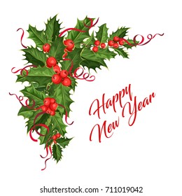 vector realistic hand drawn holly, ilex branch with berry and leaves, mistletoe silk elegant ribbons pattern. Christmas, new year holiday celebration symbol. Isolated illustration on white background.