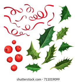 vector realistic hand drawn holly, ilex branch with berry and leaves, mistletoe and silk elegant ribbons. Christmas, new year holiday celebration symbol. Isolated illustration on a white background.