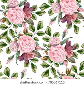 vector realistic hand drawn rose, lily flower seamless pattern. Isolated Illustration on a white background. Floral decoration element with leaves, blooming blossoms. Poster, placard design object