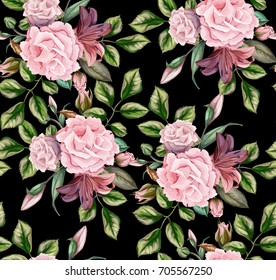 vector realistic hand drawn rose, lily flower seamless pattern. Illustration on a black background. Floral decoration element with leaves, blooming blossoms. Poster, placard design object