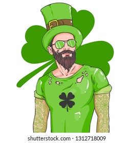Vector realistic hand drawn sketch of man on Happy St.Patrick's Day holiday with big beard, mustache, hat, tattoo and sunglasses, vector illustration isolated on white background