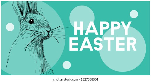 Vector realistic hand drawn sketch bunny with white Happy Easter lettering on turquoise background. Flat vector illustration for Easter design and decoration, cards, greetings, invitations, web.