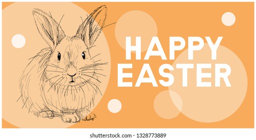 Vector realistic hand drawn sketch bunny with white Happy Easter lettering on yellow background. Flat vector illustration for Easter design and decoration, cards, posters, greetings, invitations, web.