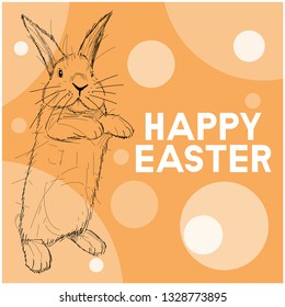 Vector realistic hand drawn sketch bunny with white Happy Easter lettering on yellow background. Flat vector illustration for cards, posters, invitations, greetings, Easter design and decoration, web.