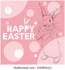 Vector realistic hand drawn sketch bunny with white Happy Easter lettering on pink background. Flat vector illustration for Easter design and decoration, greetings, invitations, cards, posters, web.