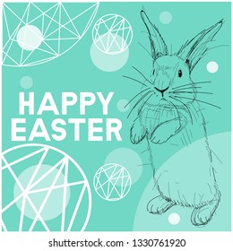 Vector realistic hand drawn sketch bunny with Happy Easter lettering on turquoise background. Flat vector illustration for Easter design and decoration, invitations, greetings, cards, posters, web. 