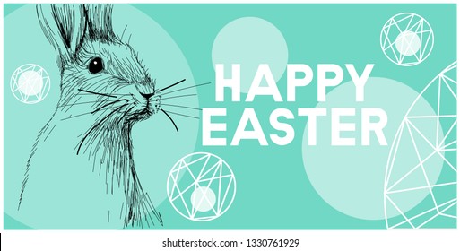 Vector realistic hand drawn sketch bunny with Happy Easter lettering on turquoise background. Flat vector illustration for Easter design and decoration, cards, posters, greetings, invitations, web. 