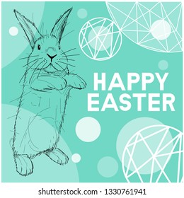 Vector realistic hand drawn sketch bunny with Happy Easter lettering on turquoise background. Flat vector illustration for Easter design and decoration, cards, greetings, invitations,  posters, web. 