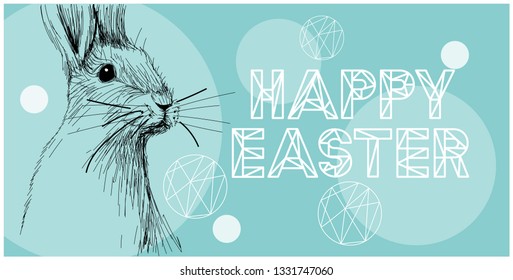Vector realistic hand drawn sketch bunny with white Happy Easter lettering on blue background. Flat vector illustration for Easter design and decoration, cards, posters, greetings, invitations, web.