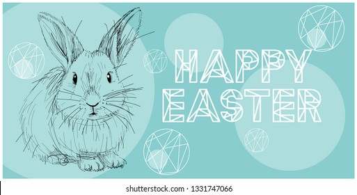 Vector realistic hand drawn sketch bunny with white Happy Easter lettering on blue background. Flat vector illustration for Easter design and decoration, posters, cards, greetings, invitations, web.