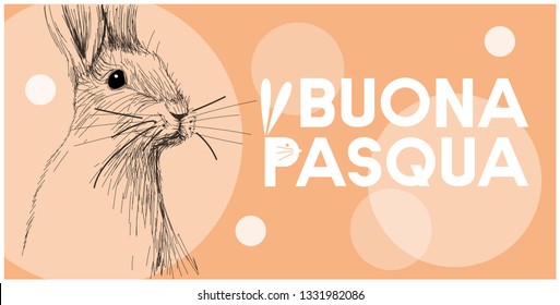 Vector realistic hand drawn sketch bunny with Easter lettering, written in Italian, on orange background. Flat vector illustration for Easter design and decoration, cards, invitations, greetings, web.