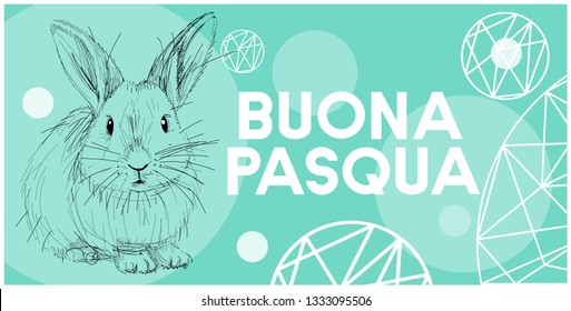 Vector realistic hand drawn sketch bunny with Easter lettering, written in Italian, on turquoise background. Flat vector illustration for cards, invitations, greetings, Easter design and decoration.