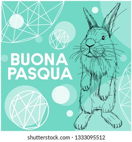 Vector realistic hand drawn sketch bunny with Easter lettering, written in Italian, on turquoise background. Flat vector illustration for greetings,  invitations, cards, Easter design and decoration.