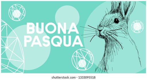 Vector realistic hand drawn sketch bunny with Easter lettering, written in Italian, on turquoise background. Flat vector illustration for Easter design and decoration, invitations, cards, greetings.