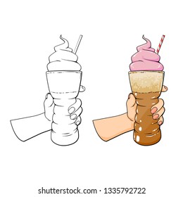 Vector realistic hand drawn sketch illustration of hand with glass of cappuccino, vector illustration isolated on white background