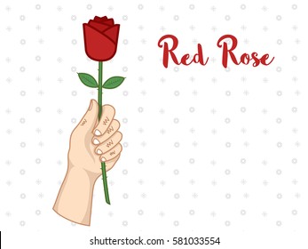 Vector of realistic hand holding beautiful single red rose with thorn on white daydream background with word Red Rose suits for Valentine's Day.