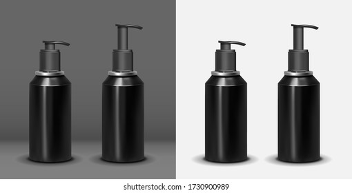 Sanitizador de manos realistas vectorial. Botella de plástico negro con bomba
