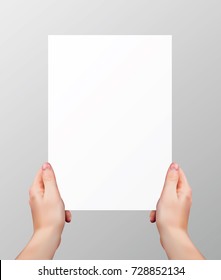 Vector realistic hands holding blank paper page isolated on grey background