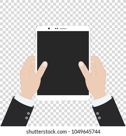 Vector realistic hands holding tablet with blank screen isolated on white background