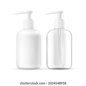 Vector Realistic Hands Sanitizer, Pandemic Disinfectant Gel Bottle. Liquid Soap, Foam, Lotion Dispenser Plastic Bottle Mockup Set, White Blank And Transparent Shampoo Containers. 