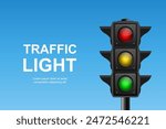 Vector Realistic Hanging Traffic Signal with Green, Yellow and Red Light. Traffic Light on Blue Sky Background