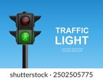 Vector Realistic Hanging Traffic Signal with Green, Yellow and Red Light. Pedestrian Signal. Traffic Light on Blue Sky Background