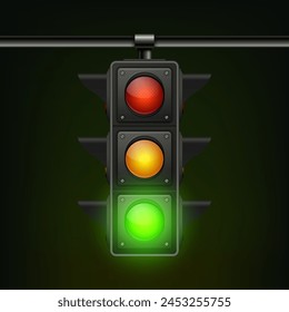 Vector Realistic Hanging Traffic Signal with Green Light. Traffic Light with Glowing Green Prohibiting Signal Isolated on Black Background