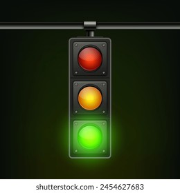 Vector Realistic Hanging Traffic Signal with Green Light. Traffic Light with Glowing Green Prohibiting Signal Isolated on Black Background