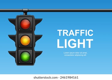 Vector Realistic Hanging Traffic Signal with Green, Yellow and Red Light. Traffic Light on Blue Sky Background