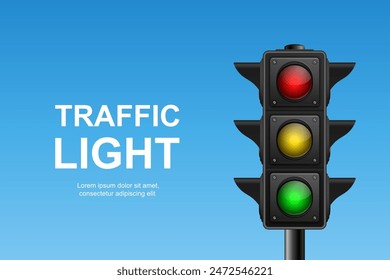 Vector Realistic Hanging Traffic Signal with Green, Yellow and Red Light. Traffic Light on Blue Sky Background