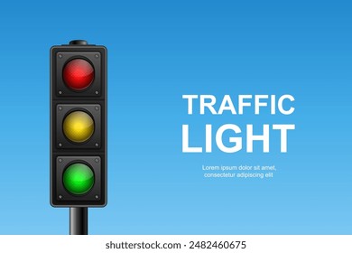 Vector Realistic Hanging Traffic Signal with Green, Yellow and Red Light. Traffic Light on Blue Sky Background