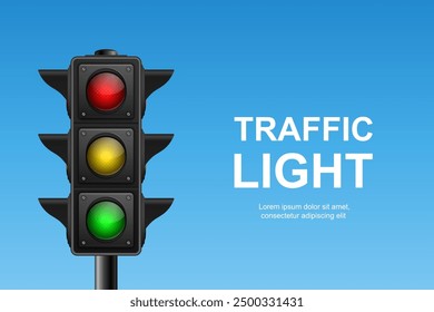 Vector Realistic Hanging Traffic Signal with Green, Yellow and Red Light. Traffic Light on Blue Sky Background