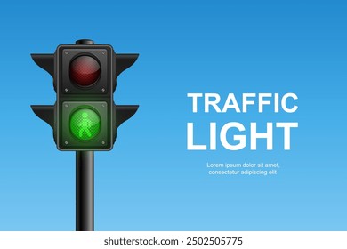 Vector Realistic Hanging Traffic Signal with Green, Yellow and Red Light. Pedestrian Signal. Traffic Light on Blue Sky Background