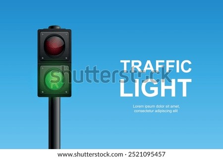 Vector Realistic Hanging Traffic Signal with Green, Yellow and Red Light. Pedestrian Signal. Traffic Light on Blue Sky Background