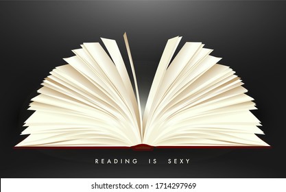 Vektorillustration für ein realistisches Hardcover-Buch mit unscharfer Seite auf Farbverlauf-schwarzem Hintergrund und Text Lesen ist sexy