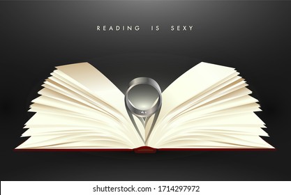 Vector for a realistic hard cover book on gradient black background and text Reading is Sexy. Book for love with a diamond ring placed between the book page and the shadow transforms to heart symbol.