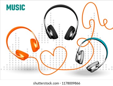 Vector Realistic Headphones.Festive postcard, poster, leaflet with a holiday or a Music Festival.Music 
 Symbol.Love for music.Vector illustration.