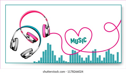 Vector Realistic Headphones.Festive postcard, poster, leaflet with a holiday or a Music Festival.Music 
 Symbol.Love for music.Vector illustration.