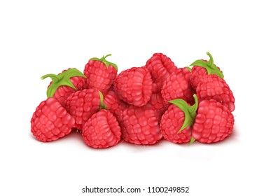 Vector realistic heap of red ripe raspberry isolated on background. Natural summer fruit, forest berry with sweet taste. Ingredient for juices, jams, yogurts, compotes. Mockup for package design