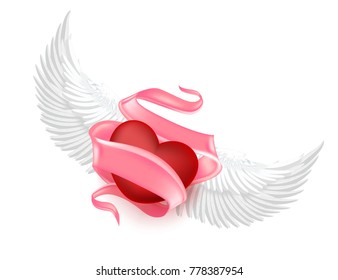 Vector realistic heart with angel wings, elegant pink silk satin ribbon with space for text around. Happy valentines day, symbol of love, care, togetherness. Isolated illustration white background.
