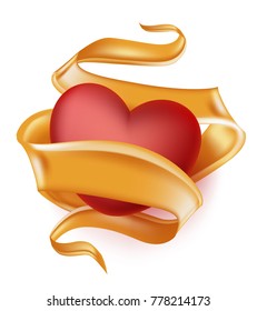 Vector realistic heart, elegant orange silk satin ribbon with space for text around. Happy valentines day, symbol of love, care, togetherness. Isolated illustration on a white background.