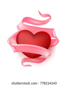 Vector realistic heart, elegant pink silk satin ribbon with space for text around. Happy valentines day, symbol of love, care, togetherness. Isolated illustration on a white background.
